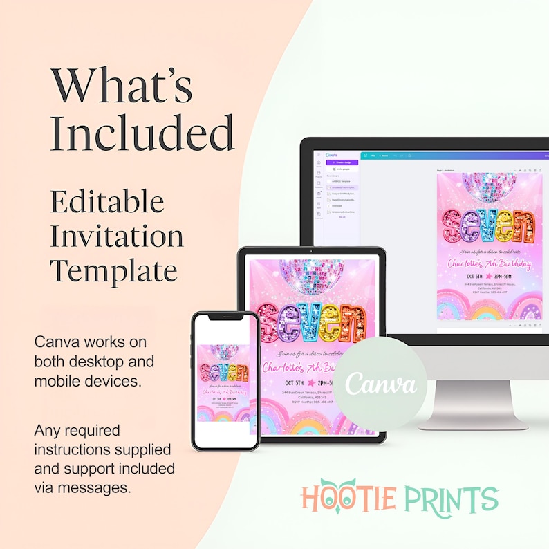 May include: An editable invitation template displayed on a smartphone, tablet, and computer screen. The invitation design features the word "SEVEN" in colorful letters, a disco ball, and a rainbow. The text "What's Included" and "Editable Invitation Template" are also visible.