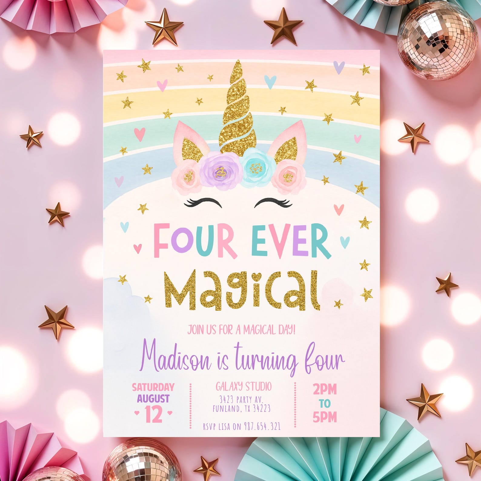 Editable Unicorn 4th Birthday Invitation Four Ever Magical Party Invite ...