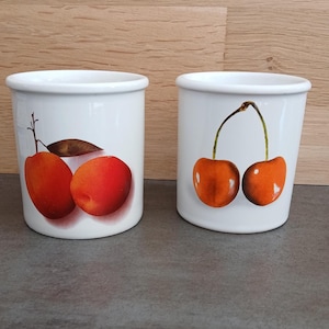 2 tarros de mermelada AZA Alemania blancos con decoración de albaricoque y cereza Porcelana fina