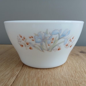 Może przedstawiać: Biała ceramiczna miska z kwiatowym wzorem niebieskich irysów i pomarańczowych jagód. Miska ma rozszerzający się kształt, odpowiedni do serwowania jedzenia. Delikatny kwiatowy wzór dodaje elegancji. Średnica ok. 15 cm.