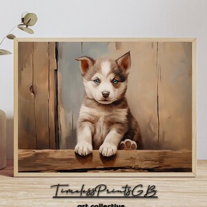 Chiot husky mignon à essayer de grimper, décoration d&#39;intérieur de chien vintage, affiche de chien mignon, art mural chien, chien espiègle, peinture sur toile de chiot