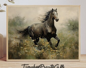 Vintage Black Horse Art Print: Galloping Horse Portrait (Digital Download)