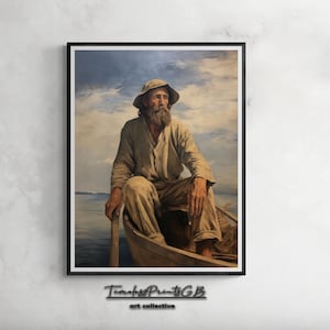 Old Fisherman Portrait: Vintage Boat Painting, Moody Home Decor (Digital Download)
