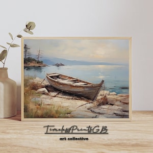 Boat by Lake Vintage Print Fishing Boat Wall Art Print Boat Lakeside Poster Home Decor Antique Painting Lake Canvas Printable Boat Painting