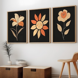 Retro Botanical Wall Art Set of 3 Mid Century Modern Flower Prints Minimalist Floral Decor Orange Beige Art Prints Boho Nature Poster Set
