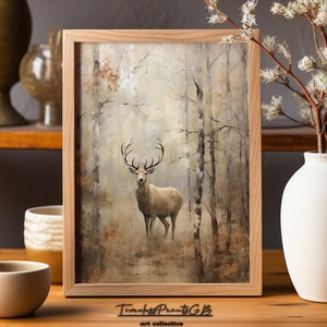 Vintage Stag in Forest Printable Deer Wall Art Forest Scene Print Deer Poster Stag Portrait Autumn Stag Painting Stag Home Decor Canvas Art