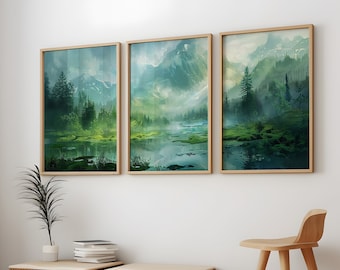 Printset berglandschap: groen woud, minimalistisch decor (digitale download)