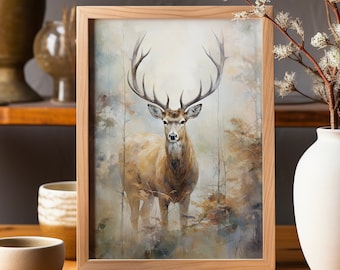 May include: A framed painting of a deer with large antlers standing in a forest. The deer is brown and has a white face. The background is a soft, muted green and brown.