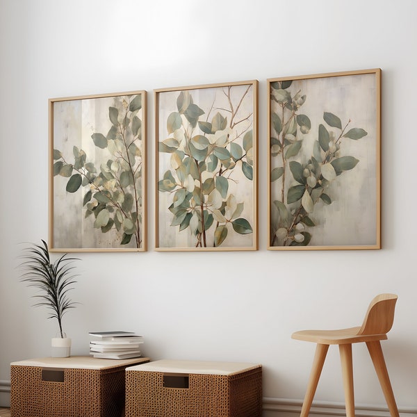 Eucalyptus, lot de 3 oeuvres d'art murales botanique imprimable Eucalyptus, lot de 3 décoration d'intérieur, peinture d'eucalyptus, décoration murale neutre, branche, affiche