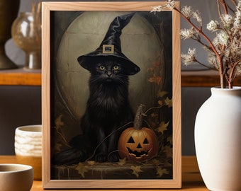 Vintage Halloween Cat Print: Witchy Black Cat Art (Digital Download)