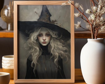 Lámina artística de bruja gótica vintage: Decoración de Halloween espeluznante (descarga digital)