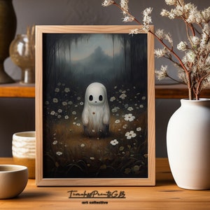 Sad Ghost Wildflower Field Art Print: Vintage Halloween Decor (Digital Download)
