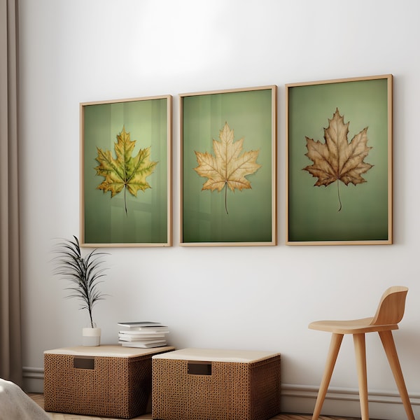 Set of 3 Leaf Print On Green Background Wall Art Autumn Leaf Colors Gallery Set of Three Home Decor Maple Leaf Printable Painting Canvas Art