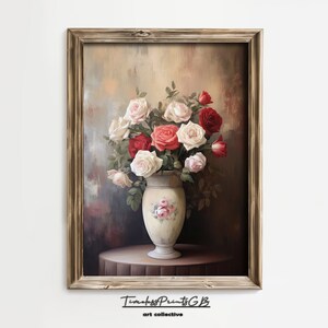 Vintage bodegón pintura de rosas en un jarrón arte de la pared Vintage Moody imprimible Moody bodegón decoración del hogar cartel de ramo de rosas