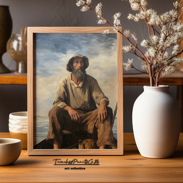 Impression de vieux pêcheur paisible sur son bateau Je me demande le portrait d'un vieil homme, pêcheur sur son bateau, affiche vintage peinture de vieil homme impression d'art mural