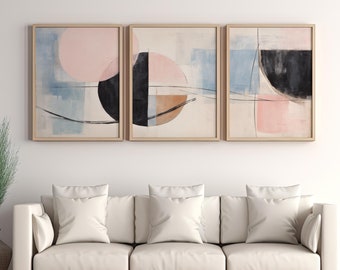 Abstract Pink & Blue Wall Art Prints: Modern Geometric Set (Digital Download)