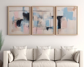 Abstract Pink & Blue Wall Art Prints: Modern Minimalist Set (Digital Download)