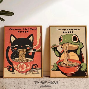 日本のアートプリント 2枚セット おもしろキッチンウォールアート 猫と亀がラーメンを食べるプリント 日本のポスター かわいい動物 ホームデコレーション 猫 デジタルアート