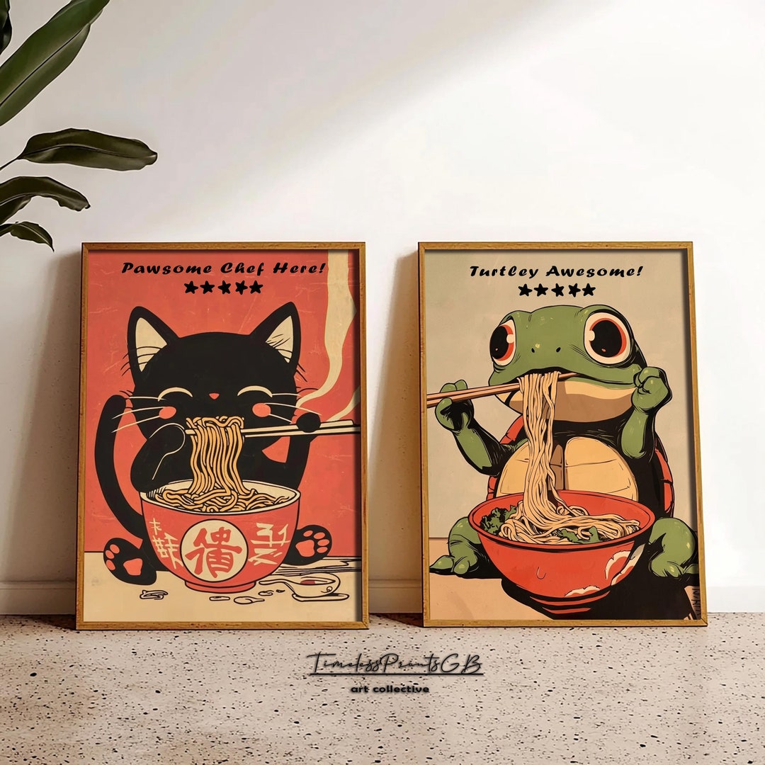 Funny Cat and Turtle Ramen Print Set: Japanese Kitchen Art (digital ...