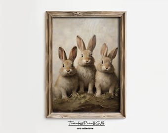 Vintage Easter Bunny Print: Three Bunnies in Wildflower Field (Digital Download)