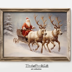Christmas Santa and Reindeers Wall Art Santa Claus on a Sleigh Print Christmas Home Decor Vintage Holiday Season Painting Winter Poster