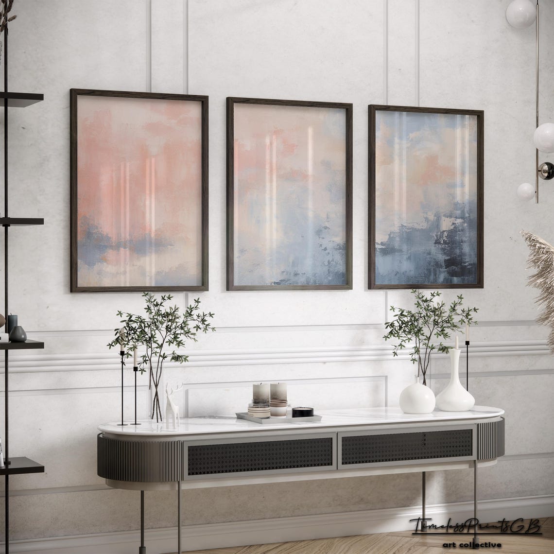 Set of 3 Abstract Light Pink Wall Art Print Minimalistic Modern Home