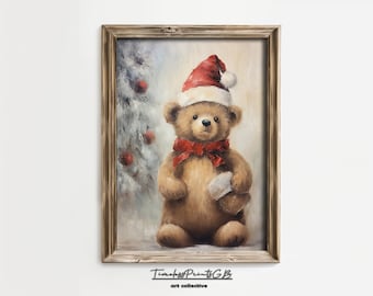 Christmas Teddy Bear Vintage Print Xmas Teddy Bear Painting Cute Teddy Bear Wall Art Vintage Christmas Poster Winter Teddy Bear Home decor