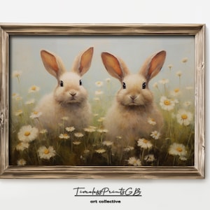 Spring Decor Bunny Print in a Wildflower Field Wall Art Vintage Rabbit Painting Farmhouse Decor Floral Bunny Couple Poster Cute Bunny Art