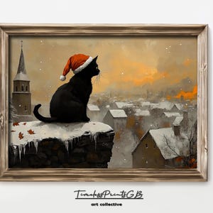 Snowy Town Printable Wall Art Painting of Black Cat Looking Over Winter Town Cute Christmas Home Decor Christmas Print Cat in Hat Poster