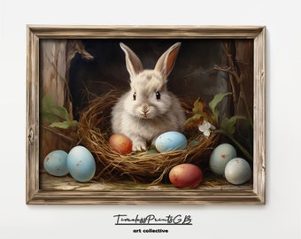 Impresión vintage de conejo de Pascua: Conejo en nido con huevos pintados (descarga digital)