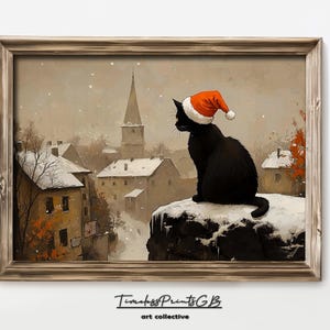 Cute Christmas Home Decor Painting of Black Cat Looking Over Winter Town Snowy Town Printable Wall Art Christmas Print Cat in Hat Poster