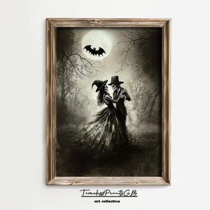 Vintage Skeleton Couple Wall Art | Halloween Printable Skeleton | Skeletons Married Goth Poster Art | Cute Couple in the Moonlight Painting