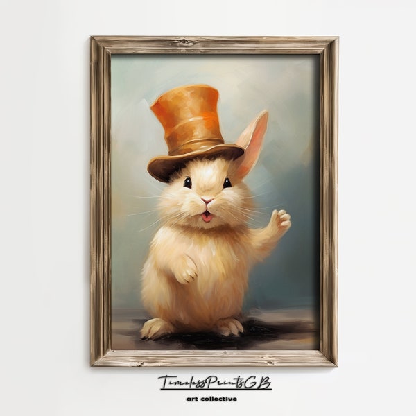 Ostern Süßer Hase Tanzende Kunst Kaninchen mit einem Hut Druckbare Vintage Tier Wohnkultur Frühling Wandkunst Ostern Ostermalerei Weißer Hase Poster
