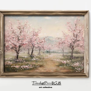 桜の春の装飾 ピンクの森の壁アート 植物プリント 桜の風景画 ヴィンテージ 農家の装飾 ピンクのポスター