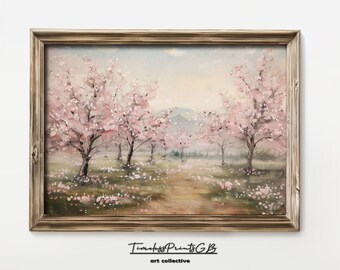 Cherry Blossom Landscape Painting: Vintage Pink Spring Decor (Digital Download)