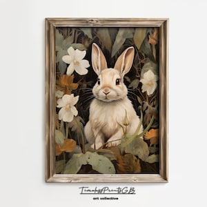 Easter Cute Bunny with Flowers Printable Spring Scenery Wall Art Cute Rabbit Portrait Vintage Animal Home Decor Easter Painting Bunny Poster