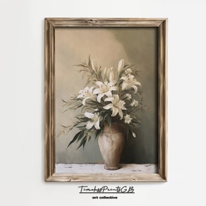 Lirios vintage en un jarrón pared arte lirio bodegón imprimible Moody pintura floral decoración de la granja descarga digital flor decoración del hogar