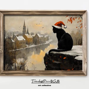 Painting of Black Cat Looking Over Winter Town Snowy Town Printable Wall Art Cute Christmas Home Decor Christmas Print Cat in Hat Poster