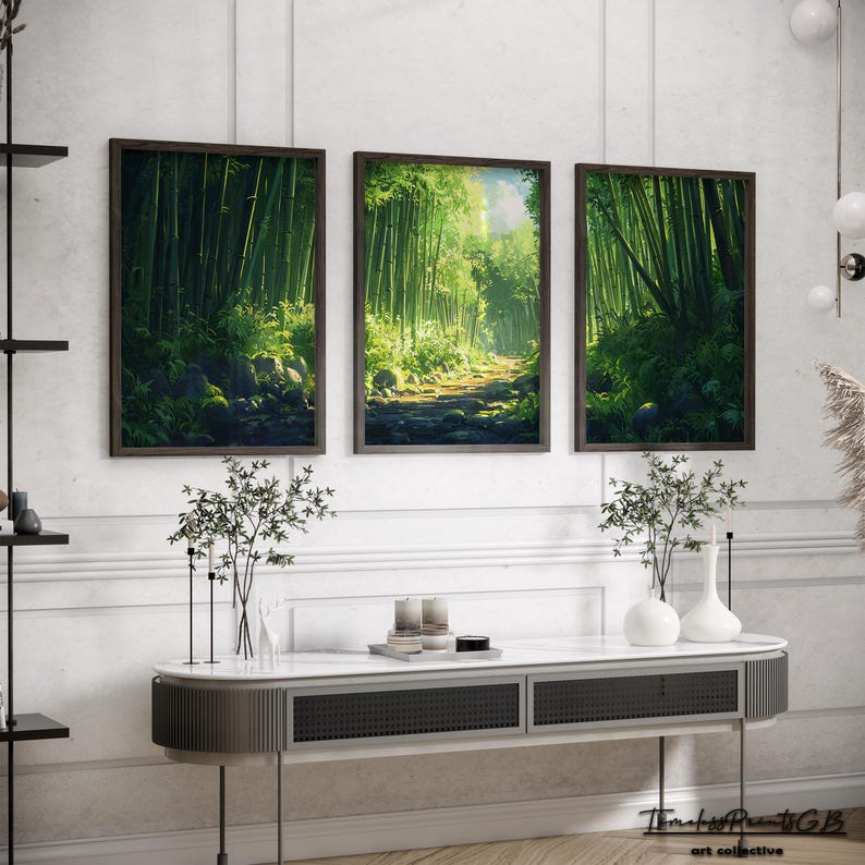 May include: Three framed art prints depicting a lush bamboo forest scene. The artwork features a path leading through the green bamboo, with sunlight filtering through the trees. The frames are dark brown, and the overall aesthetic is serene and natural.