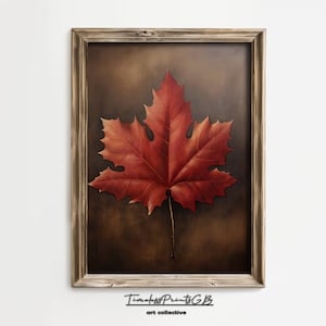 Arte de la pared de la hoja de arce rojo sobre un fondo marrón imprimible / decoración del hogar de la hoja / cartel de pintura botánica / cartel de la hoja de la impresión del lienzo de la hoja