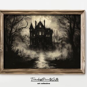 Vintage Halloween Haunted House Painting | Classic Spooky Home Decor | Retro Haunted Mansion Art | Old-Fashioned Halloween Illustration