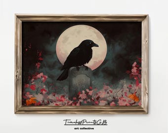 Spooky Raven Halloween Print: Floral Crow Gravestone Art (Digital Download)