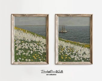French Country Coastal Print Set: Vintage Floral Oil Painting (Digital Download)
