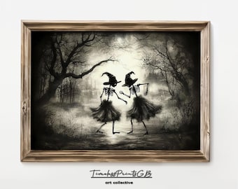 Retro Skeleton Witch Dancing Print: Funny Halloween Decor (Digital Download)