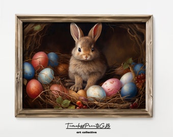 Impresión vintage de conejito de Pascua: huevos pintados, nido y decoración primaveral (descarga digital)
