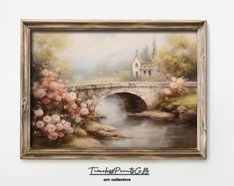 Vintage Bridge Landscape Painting: Spring Cherry Blossom Decor (Digital Download)