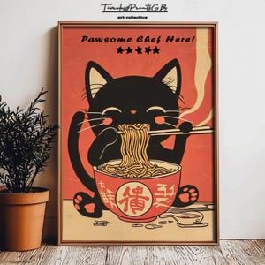 印刷可能なラーメンを食べる猫のキッチンウォールアート日本のアートプリント面白い動物のホームデコレーションヴィンテージミニマルな日本のポスターかわいい猫のアート