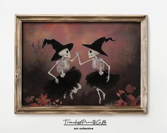 Skeleton Witch Dancing Art Print: Vintage Halloween Home Decor (Digital Download)