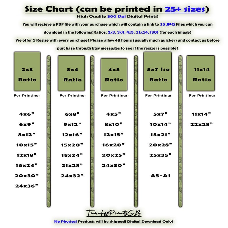 May include: Size chart for digital prints, showing various aspect ratios like 2x3, 3x4, and 4x5, with corresponding print sizes in inches. Includes text about file formats and resizing options. The chart is labeled "High Quality 300 Dpi Digital Prints!"