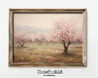 Vintage Kirschblüten Landschaftsdruck: Rosa Frühling Bauernhaus Dekor (Digitaler Download)